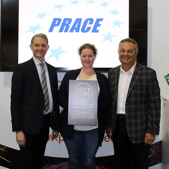 On behalf of PRACE Serge Bogaerts and Marjolein Oorsprong receive the HPCwire Readers’ and Editors’ Choice Award at SC19 in Denver, Colorado, in the category Workforce Diversity, from Tom Tabor