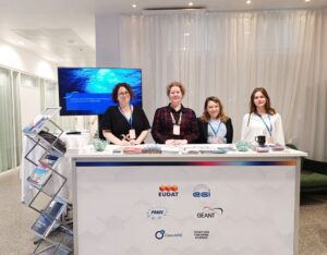 Gwen Franck (EGI), Marjolein Oorsprong (PRACE), Giulia Malaguarnera (OpenAire), and Tanja Maier (GÉANT) standing side-by-side behind a counter decorated with their organisational logos and filled with small give-aways. A brochure rack is placed on the left and a flatscreen TV on a high stand behind them.