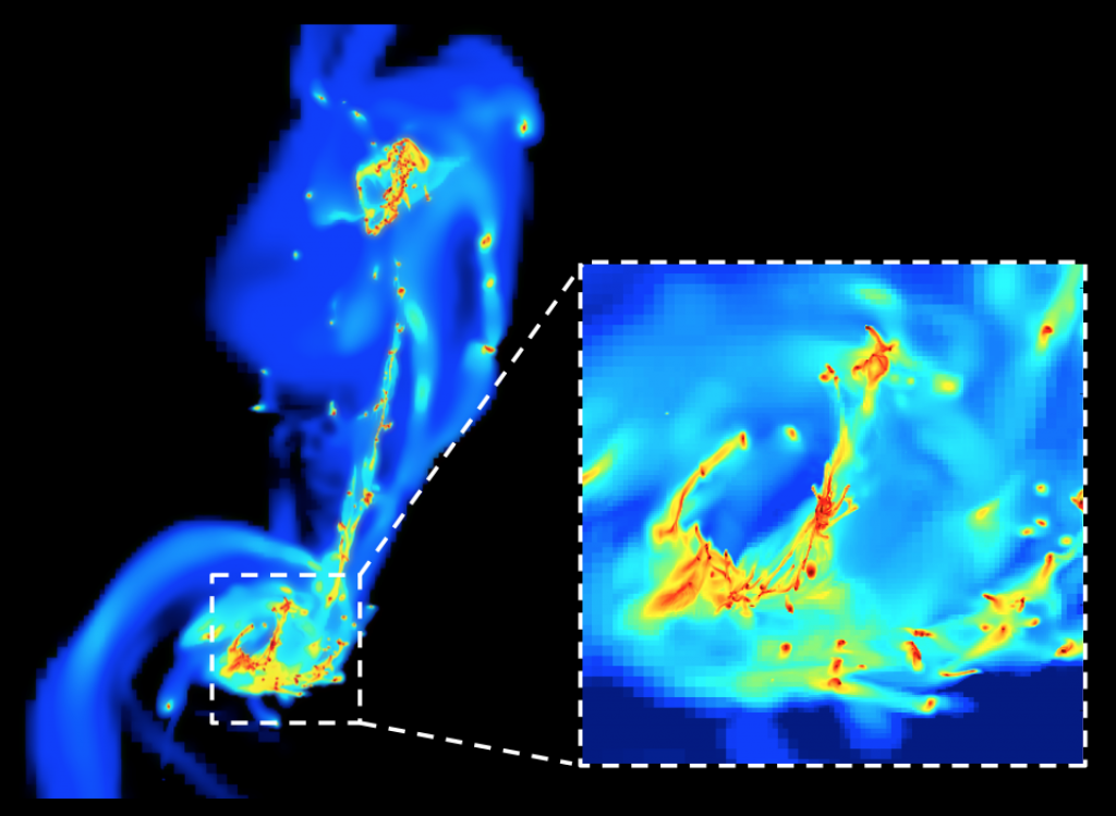 structure of interstellar gas in two colliding galaxies (left), with a zoom into the central parts of one of the involved galaxies (right). The galactic encounter has strongly increased the turbulent fragmentation of the gas, which initially had densities of 1-10 atoms per cm^3 (blue colors) and fragmented into turbulent clouds of more than 10^6 atoms per cm^3 (red spots on the image).