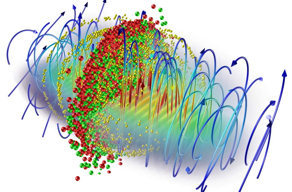 3D simulation of a 2-lasers QED cascade showing the electric field lines (blue arrows) and the pairs and photons (respectively in red, green, and yellow).