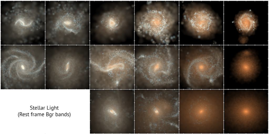 A small sample of galaxies created by the Illustris simulation demonstrate the variety of formations. Image author: Illustris Simulation Team