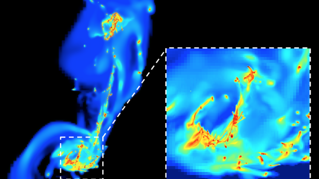 structure of interstellar gas in two colliding galaxies (left), with a zoom into the central parts of one of the involved galaxies (right). The galactic encounter has strongly increased the turbulent fragmentation of the gas, which initially had densities of 1-10 atoms per cm^3 (blue colors) and fragmented into turbulent clouds of more than 10^6 atoms per cm^3 (red spots on the image).