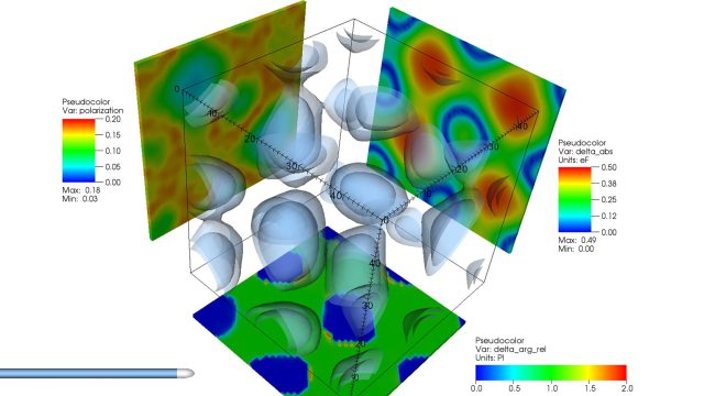 Exotic state in Fermionic superfluid: the spin-imbalanced gas of strongly interacting particles spontaneously creates localized impurities. The characteristic feature is the presence of the nodal surface (blue contours) of the pairing field at which the order parameter changes its phase by π (delta_arg_rel panel). The spin polarization reaches the maximum in the vicinity of the nodal surface (see polarization panel). The impurities, we dubbed ferrons, can form various structures, in the given example they organize similarly to ions in solid-state. The existence of ferrons has been predicted numerically and awaits for experimental conformation.