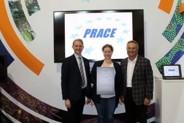On behalf of PRACE Serge Bogaerts and Marjolein Oorsprong receive the HPCWire Editors Choice Award at SC 2019 from Tom Tabor