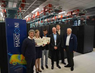SOHPC 2016 Award winners with the MARCONI supercomputer Sergio Bernardi, Marta Čudova, Anurag Dogra, Florian Berberich, Leon Kos, Sanzio Bassini