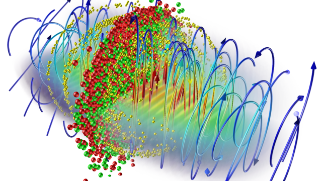 3D simulation of a 2-lasers QED cascade showing the electric field lines (blue arrows) and the pairs and photons (respectively in red, green, and yellow).