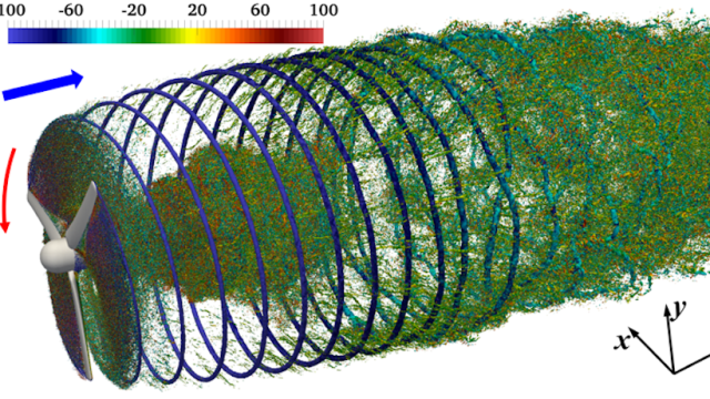 Wake flow of a hydrokinetic turbine with helical vortices arising from the tips of the rotating turbine blades
