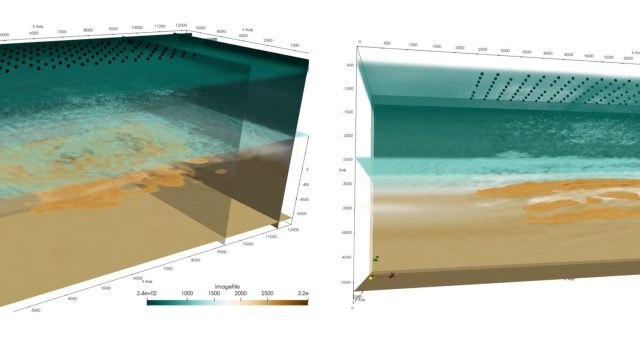 3D Geological structures recovered by 3D viscoelastic seismic Full Waveform Inversion. The data are recorded by 131 Ocean Bottom Seismometers in the North Sea (black dots).The color palette represents the different geological layers.