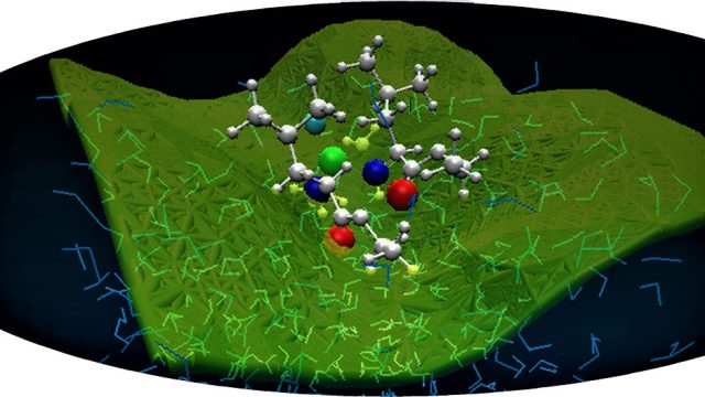 Amino acid reactants at the air-liquid water interface. The interface is defined and materialised by the instantaneous. Willard and Chandler’s surface (in green), the water is located below and schematised with the blue links, the reactants are shown “surfing” above the surface.