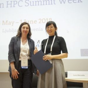 pracedays18-award-2 Sinéad Ryan, Chair of the PRACE Scientific Steering Committee (SSC), presenting the PRACE Ada Lovelace Award for HPC to Xiaoxiang Zhu at PRACEdays 2018