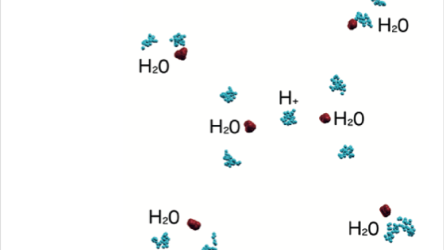 The image is the protonated water hexamer where ions are quantum. In Casula’s framework, the ions are no longer point-like particles as in standard mechanics, but are described by a “cluster”, also called a ring polymer, thanks to the quantum- to-classical isomorphism. Oxygens are in red, hydrogens in blue.