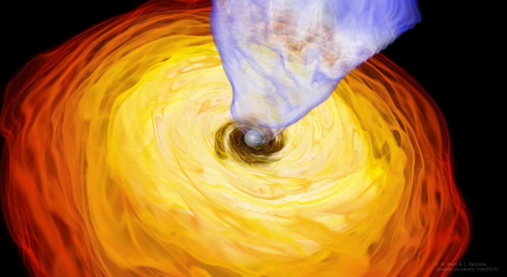A simulation of a black hole with an accretion disk surrounding it, and a flare coming out of it.