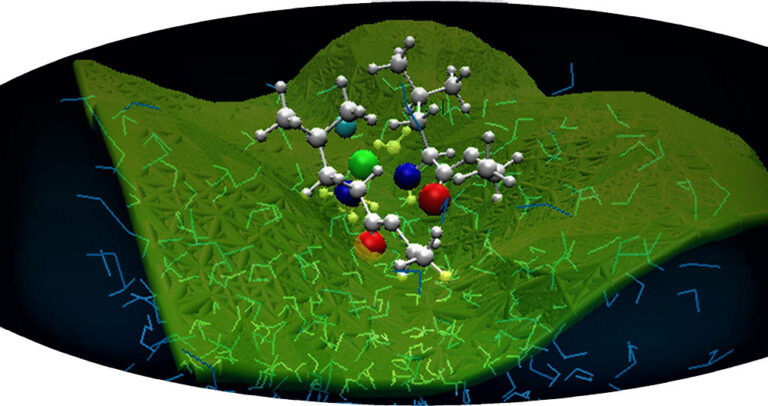 Amino acid reactants at the air-liquid water interface. The interface is defined and materialised by the instantaneous. Willard and Chandler’s surface (in green), the water is located below and schematised with the blue links, the reactants are shown “surfing” above the surface.