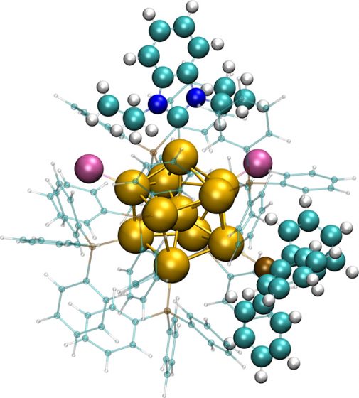 Computer simulations helped to predict the atom-precise structure of a cluster comprising 11 gold atoms. In this image is a N-heterocyclic carbene protected gold cluster that electrocatalyses decomposition of CO2. Image: Sami Kaappa, University of Jyväskylä, Finland.